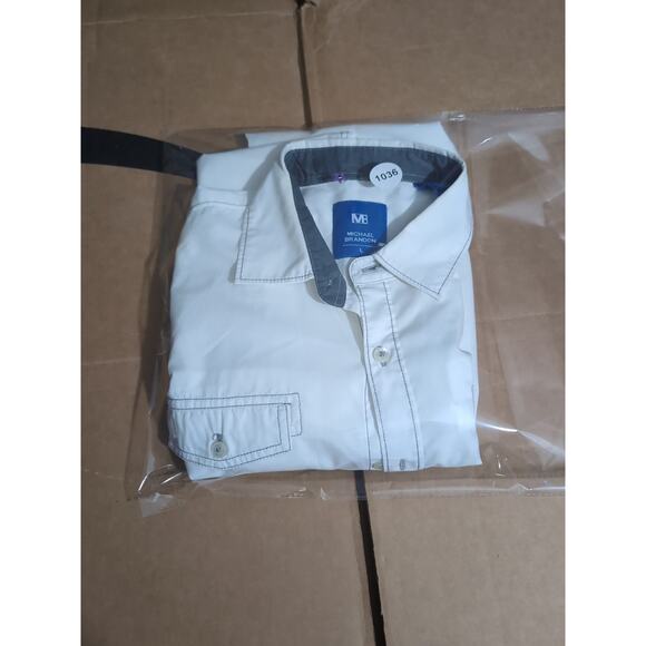 Michael Brandon Men's White Button Down Shirt, Short Sleeve, Large, Gray Accent - Picture 6 of 6